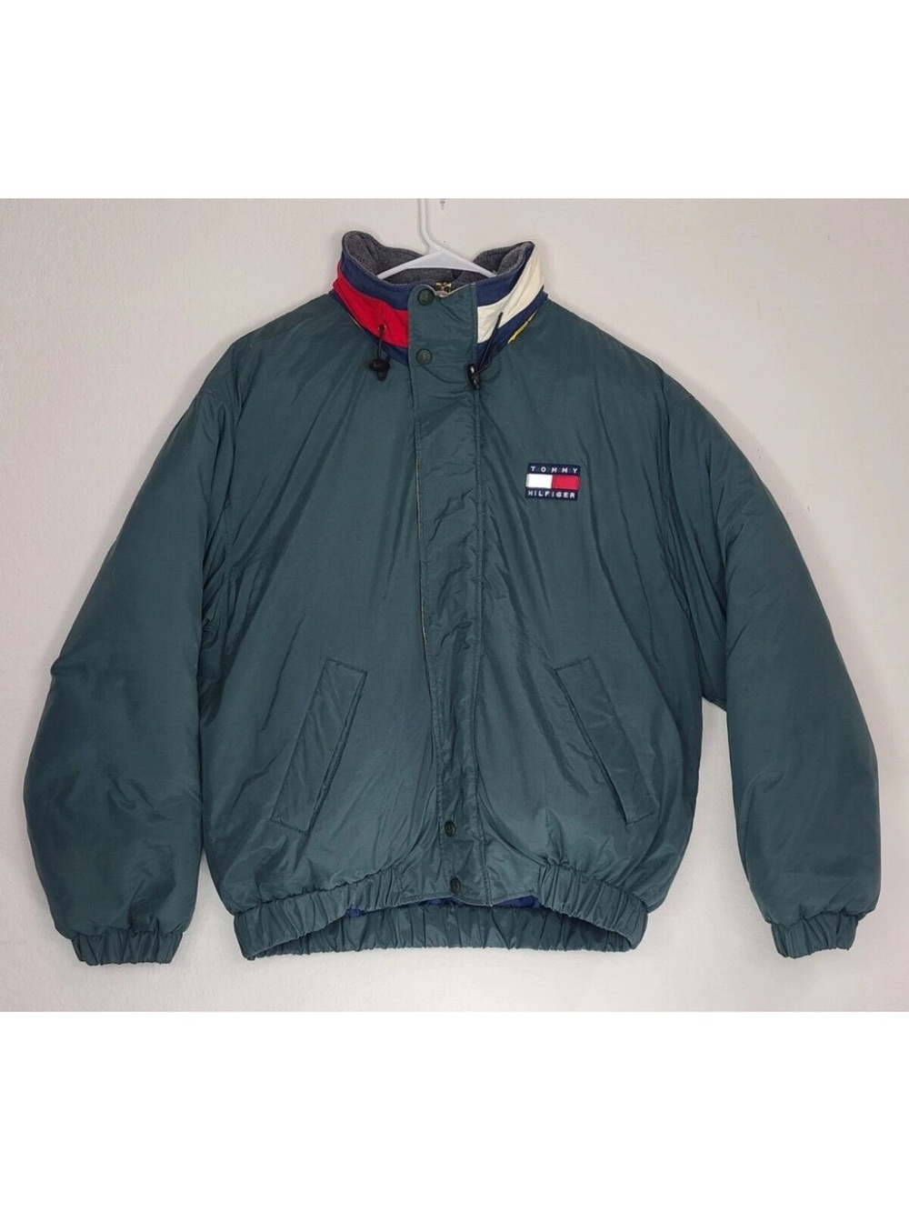 Vintage Tommy Hilfiger Full Zip Down Jacket Size XL Green Stow Away Hood